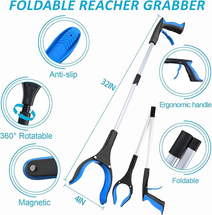 MXCOIRTP Assistive Device No Bending Kit for Elderly -Sock Aids, Foldable Reacher Grabber with 360° Rotating Jaw & Magnet, Long Shoe Horn Handle & Dressing Stick & Back Scratcher for Seniors, Disabled