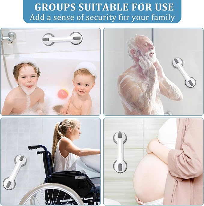 Shower Handle 2 Packs Grab Bars for Bathtubs & Showers, 12 inch Grab Bars for Bathroom with Strong Hold Suction Cup, Balance Bar Safety Hand Rail for Injury, Senior, Elderly Grey