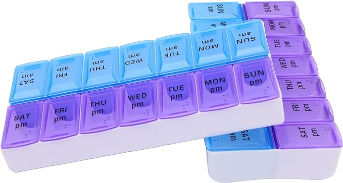 7 Day Weekly AM PM Pill Organizer, ShysTech Large Pill Case Pill Box for Pills Vitamin Supplements Medication (Purple/Blue)