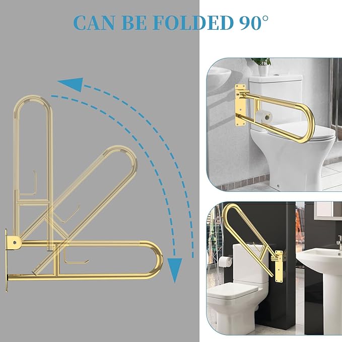 Toilet Grab Bar 30.3 Inch Gold, Munzong Anti-Slip Handicap Grab Bars with Paper Holder, Flip-Up Bathroom Safety Rails, Stainless Steel Knurled Support handrails for Seniors Elderly Disabled Pregnant