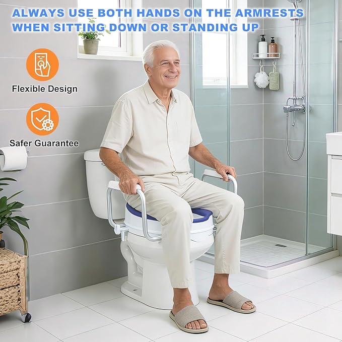 Raised Toilet Seat with Handles - Adds 5 Inch - Toilet Seat Risers for Seniors with Cushion - Supports 300 lbs - for 16'' Standard/Round Toilet - Includes Lid, Elevated Toilet Seat, Blue