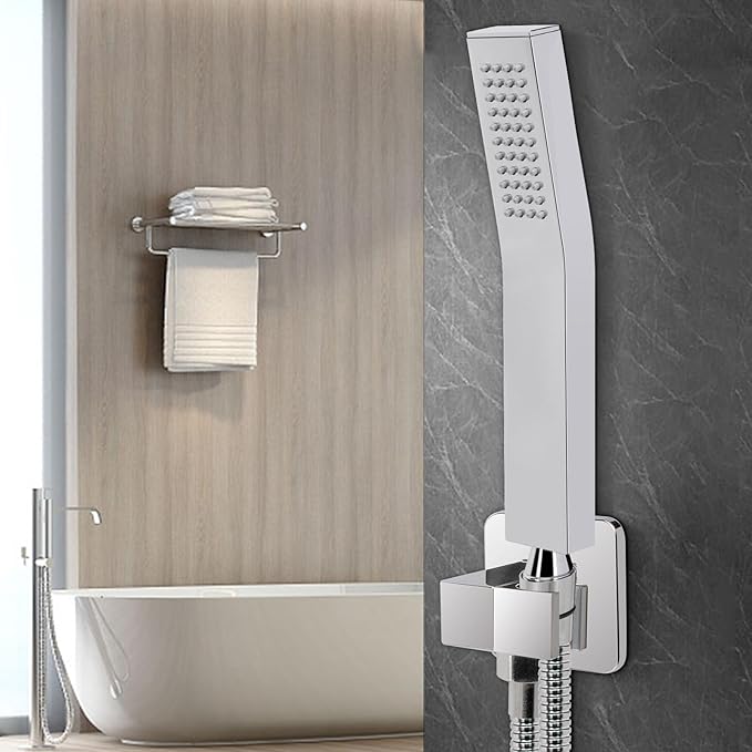NearMoon Brass Hand Held Shower Head, Luxury High Pressure Shower Kit with Wall Connector and Hose Set, for Bathroom Showering System Contemporary Square Style (Chrome Finish)