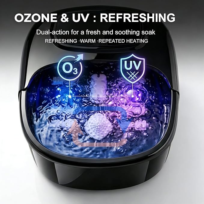 Foot Soaking Tub with Ozone UV, Foot Spa Bath Massager with Heat and Bubbles, Custom Temp Control, Pressure Rollers for Tired Feet, Gift Set for Parents Couples (Black)