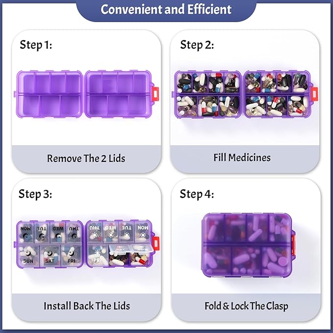 Foldable & Portable Weekly Pill Organizer 2 Times a Day with Clear Printed Labels - 7 Day AM PM Medicine Box, Week Daily Travel Pill Case Holder for Medications, Vitamin, Supplement - Clear Purple