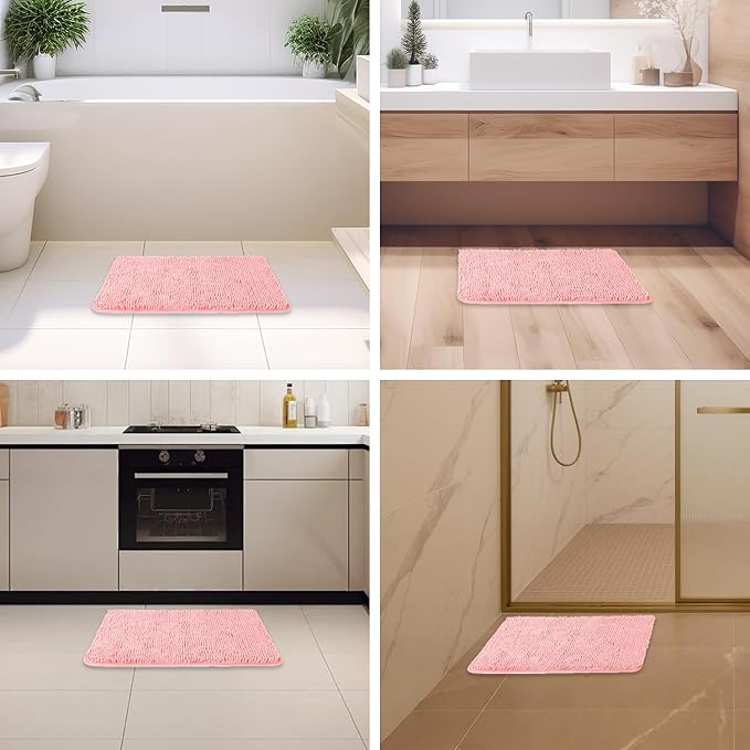 Pink Bathroom Rugs – Absorbent and Washable Bath Mat, Non-Slip, Thick Soft Chenille Bath Rugs for Bathroom Floor, Shower, Sink - 17" x 24"