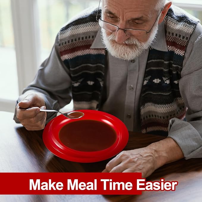 Hushee 3 Sets Adaptive Spill Proof Scoop Bowl and Plate Set with Suction Base Non Skid Self Feed Suction Dinnerware for Elderly Disabled Handicapped from Parkinsons Tremor (Red)