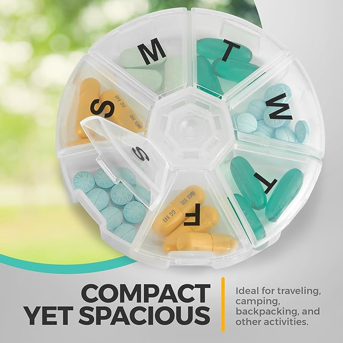 Large Weekly Pill Organizer - (Pack of 4) Daily Pill Cases, Round Pill Organizer 7 Day Container, Medicine Planner, Pill Reminder, BPA-Free for Pills Vitamins, Supplements, and Fish Oils