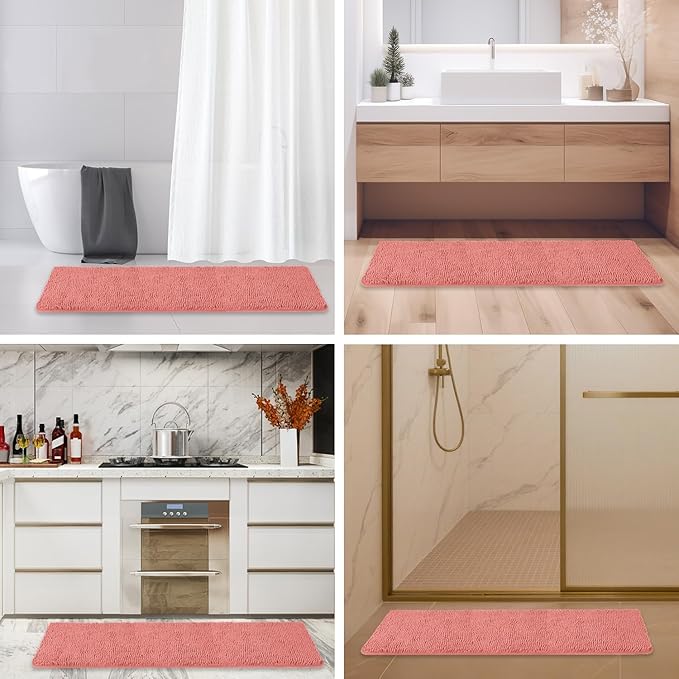 Bathroom Runner Rug 47 x 17 Inch – Long Bath Mat | Absorbent and Washable Thick Chenille Bath Rug Non-Slip Runner Rug for Bathroom, Shower, Sink(Coral)