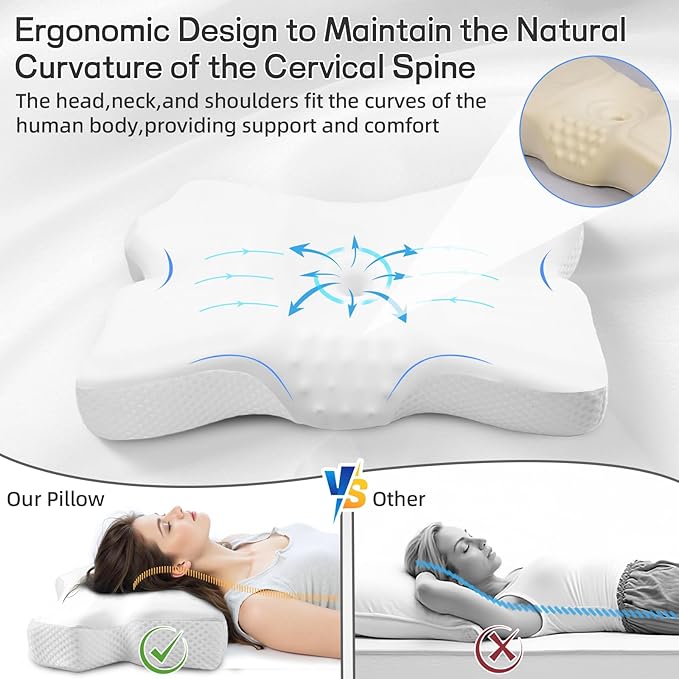 Cervical Neck Pillow for Pain Relief, Ergonomic Neck Support Pillow for Side Sleeper, Contour Memory Foam Pillows with Cooling Pillowcase Orthopedic Bed Pillow for Back Stomach Sleepers, White