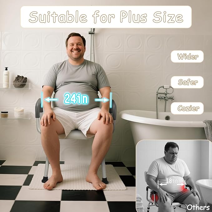 Urby Plus Size 24in Extra Wide Shower Seats for Adults with Arms & Back, Semi Pre-Assembled Bath Chairs for Seniors, or Big & Tall Person. 150kg Weight Capacity. Square
