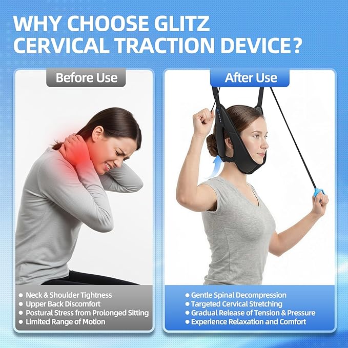 glitz Upgraded Neck Stretcher & Cervical Traction Device with Ratchet System – 50-200N Adjustable Over-Door Traction for Pain Relief & Spinal Decompression, Force-Limited Easy-Release Pull Cord