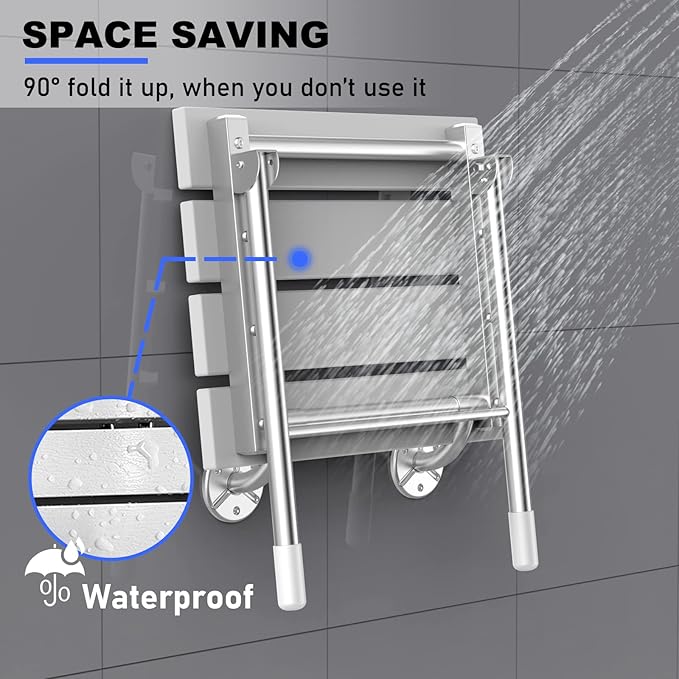 Folding Shower Seat, Wall Mounted Bathroom Safety Stool Chair with Support Legs, Foldable Wall Wood Shower Bench for Seniors (White)