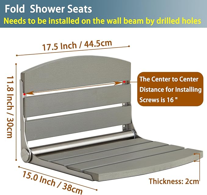 17.5" Folding Shower Seat Wall Mounted,Foldable Shower Bench,Fold Down Shower Seat,Folding Shower Seat Bench,Wall Mount Shower Seat Bench Chair (Grey)