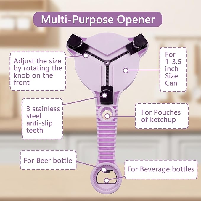 4-In-1 Jar Opener, Adjustable Stainless Steel Ergonomic Jar Opener Tool For Seniors, Bottle And Jar Openers For Arthritic Hands, Can Openers For Beer, Sauces, And Canned Goods (Purple)