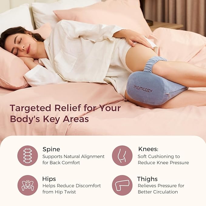 Momcozy Knee Pillow for Side Sleepers, Soft Memory Foam & Pinch-Free Design, Relieve Knee, Leg and Sciatica Pain, Adjustable Elastic Strap Ideal for Pregnant Women and Seniors, Crystal Velvet in Gray
