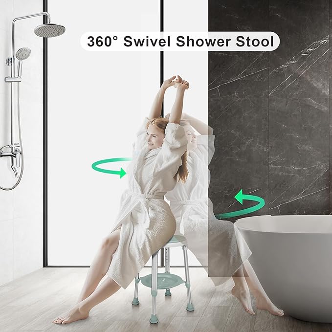 Swivel Shower Stool 350lbs, Tool-Free Assembly Adjustable Shower Seat Bathroom Stool with Storage Tray & Anti-Slip Rubber Tips for Safety and Stability