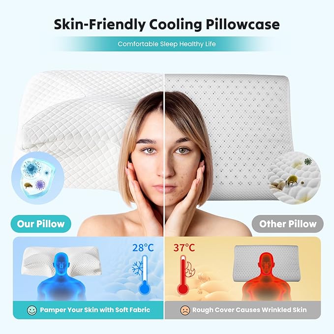DUMOS Cervical Neck Pillow for Sleeping, Cooling Ergonomic Memory Foam Pillow with Arm Rest Slot and Ice Silk Pillowcase, Dual Height Orthopedic Support Contour for Side, Back, Stomach Sleepers