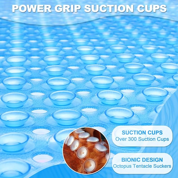 Linoows Bathtub and Shower Mats, 40x16 Inch Extra Large Non Slip Soft Bath Tub Mat with Suction Cups and Drain Holes for Bathroom Floor, Machine Washable, Clear Blue