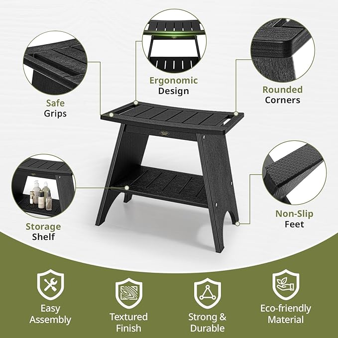 HDPS Shower Benches for Inside Shower, 17" Height Waterproof Bath Stool with 2-Tier Storage Shelf, Heavy Duty Spa Seat for Shaving Legs, Seniors & Adults, Wood-Like Texture, Black