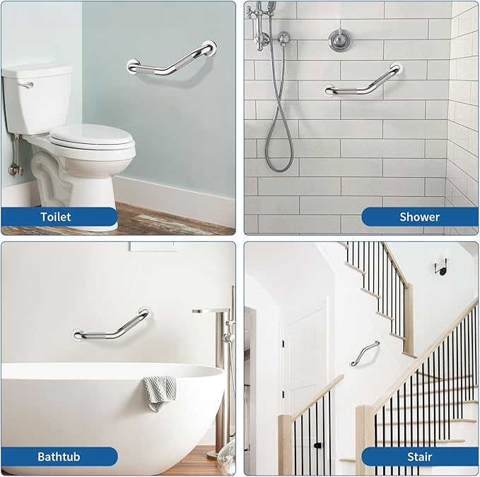 16 Inch Angled Shower Grab Bar Black, Munzong Brushed Nickel Anti Slip Bathroom Grab Bar, Knurled Bathroom Balance Bar,Safety Hand Rail Support Handicap Elderly Injury Senior Assist Bath Handle