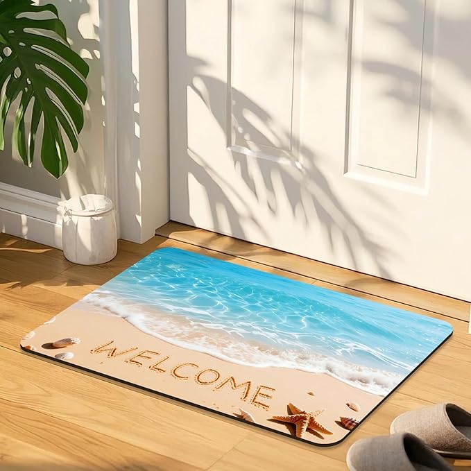 Quick Dry Bath Mat for Bathroom,Super Absorbent Beach Welcome Bath Rug Non-Slip Rubber Backing,Machine Washable Bathroom Floor Mat for Shower, Tub, Sink Area Ocean Blue 16x24