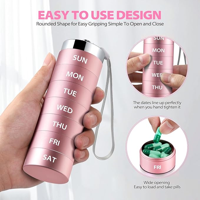 Metal Large Pill Organizer, Travel Weekly Pill Box, Portable Aluminum Alloy Waterproof Container, 7 Day Daily Medicine Organizer Holder for Vitamin, Fish Oil, Supplement Organizer, Pink