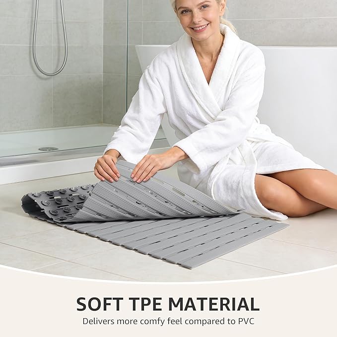 OTHWAY Anti Slip Shower Mat, 36.6" x 16.9" Soft Shower Mats for Inside Shower, Non Slip Shower Bath Mat for Tub with Suction Cups, Machine Washable Shower Floor Mat with Drainage Holes, Light Grey