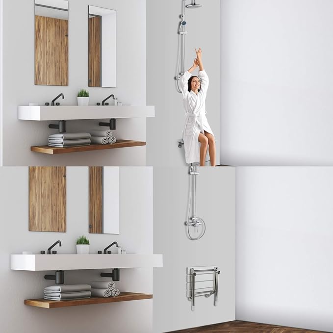 Folding Shower Seat Wall Mounted with Legs, Foldable Shower Chair for Inside Shower, Fold Down Shower Bench for Seniors (White, Fixed Height)