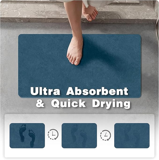 TYUU Bathroom Mat Quick Dry, Bathroom Rugs Non Slip Washable Thin Absorbent Bath Mat Fits Under Door Bathroom Floor Mat Perfect for Bath, Shower, or Sink 16"x24" Denim Blue