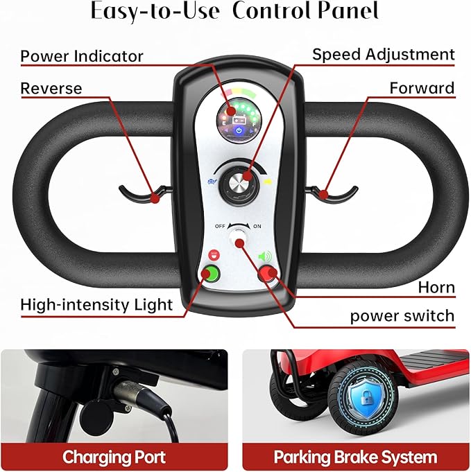 Mobility Scooter for Adults,4 Wheel Mobility Scooter,28 Miles Range,300LBS Capacity,Lightweight and Portable,with LED Headlights and Basket,Charger Included,Gifts Suitable for Elders,red