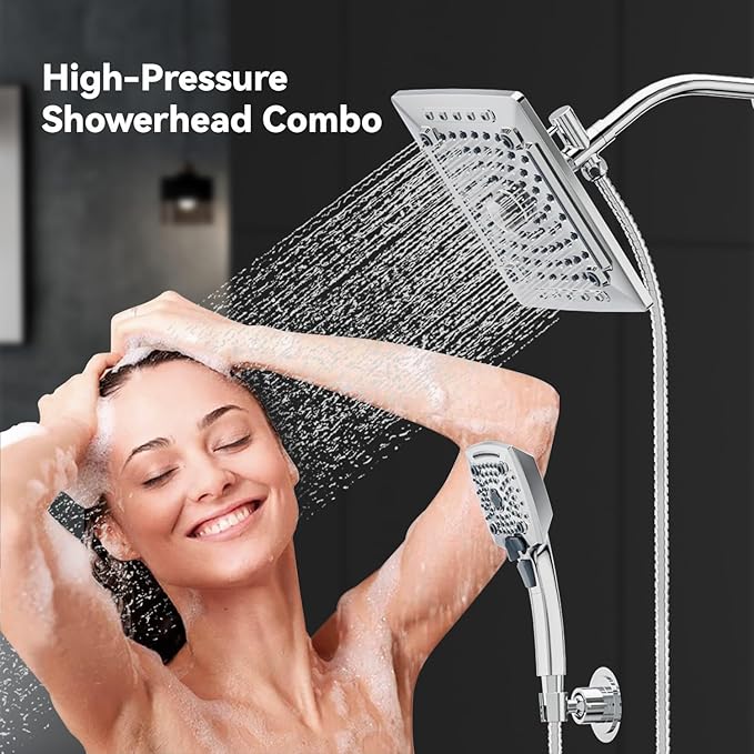 ELLO&ALLO Rain Shower Head with Handheld Spray, Rainfall Shower Head Combo with 60" Hose, Adjustable Dual Showerhead Set with 3-Way Diverter, Chrome