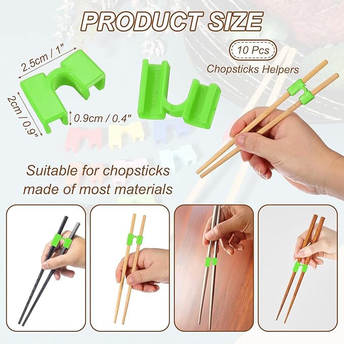 uxcell 10 Pcs Chopsticks Helper, Reusable Training Chopstick Hinges Connector Practice Chop Sticks Helpers for Adult Beginners Learners, Green