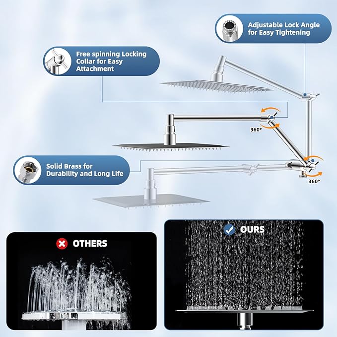 All Metal Rain Shower Head, 8” High Pressure Rainfall Shower Head with Handheld Showerhead, 5" Large Panel Handheld Spray Powerful Clean 10 Modes, 16" Stainless Steel Adjustable Extension Arm, Chrome
