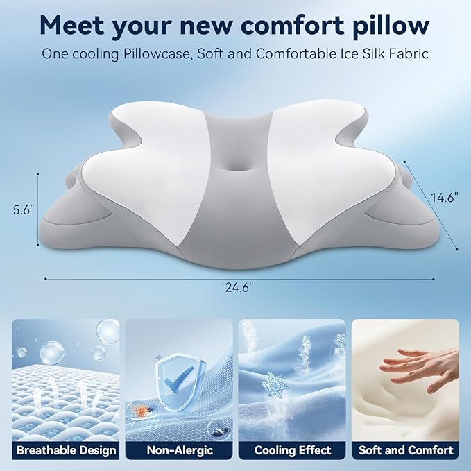 Sleep Apnea Pillow with Neck Pain & Snoring Relief -Orthopedic Cervical Pillow, Ergonomic Contour Memory Foam for Side, Back,Stomach Sleepers, Medium Firm (GreyWhite, Queen Size)