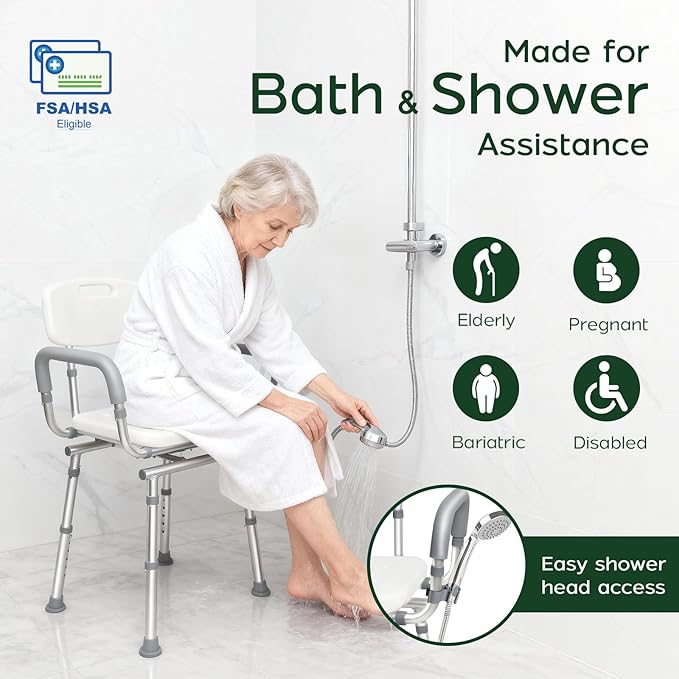 Swivel Shower Chair with Arms and Back, 450lbs Heavy Duty Shower Chair for Elderly and Disabled, Handicap Shower Chairs for Inside Shower Stool & Bath Tub Seat for Adults