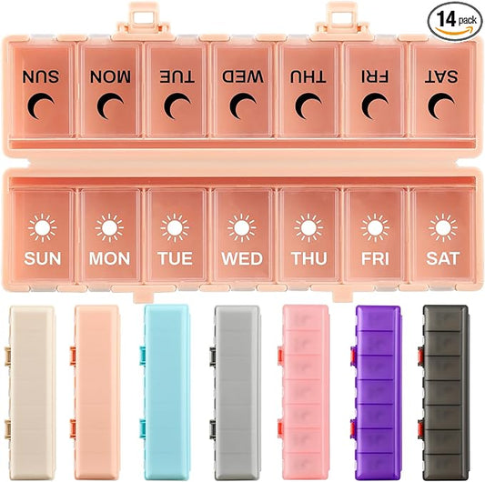 Foldable Pill Organizer Weekly 2 Times a Day, 7 Day Portable AM PM Travel Pill Case with Black&White Labels, Dual-Protection Daily Medicine Box, Large Pill Container for Vitamin/Supplement-Pink