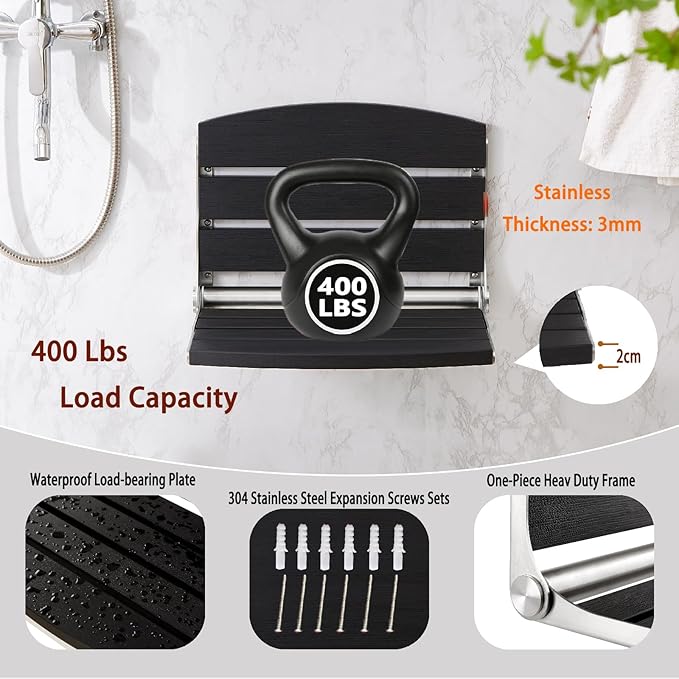 17.5" Wall Mounted Shower Seat, Fold Down Shower Seat Wall Mounted, HDPS Foldable Shower Seat, Folding Shower Seat Attached to Wall, for Inside Shower, Home Care(Black)