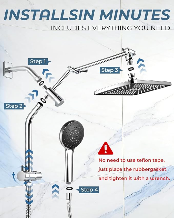 11.8" Rain Shower Head with Handheld, High Pressure Handheld Shower with Multi Spray Modes, Rainfall Combo with Metal Extension Arm, Detachable Dual Showerhead, Bathroom Decor, Chrome Silver