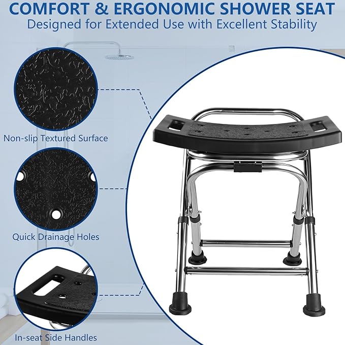17.5" Folding Shower Chair Seat, Small Shower Chair for Inside Shower, Portable Travel Shower Stool (Black)