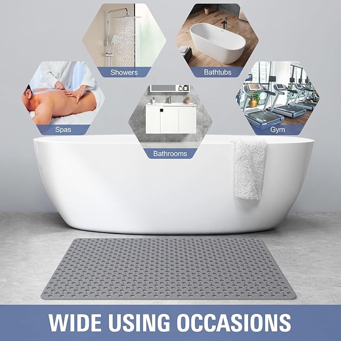 OTHWAY Large Shower Mat, 47"x 32" TPE Shower Mat Non Slip, Heavy Shower Floor Mat with Drain Holes and Suction Cups, No Odor Shower Mats for Inside Shower for Elderly Kids Bathroom(D-Grey)