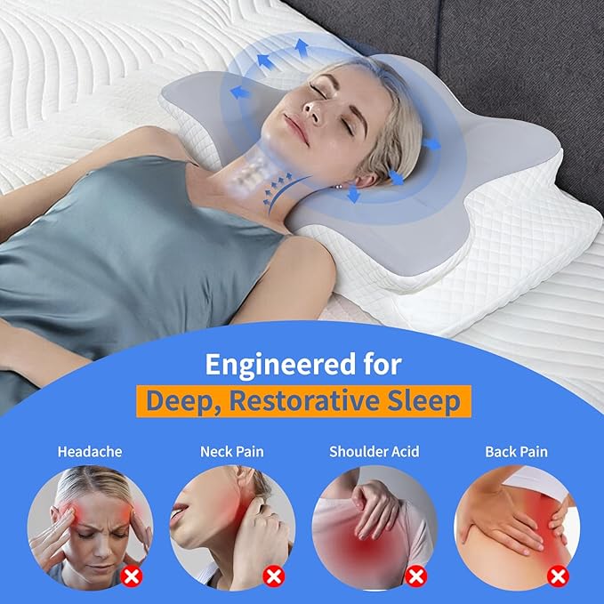 Cervical Pillow for Neck Pain Relief, Hollow Design Memory Foam Bed Pillow for Side & Back Sleepers, Ergonomic Contour Orthopedic Bed Pillow with Adjustable Support (White with Grey)