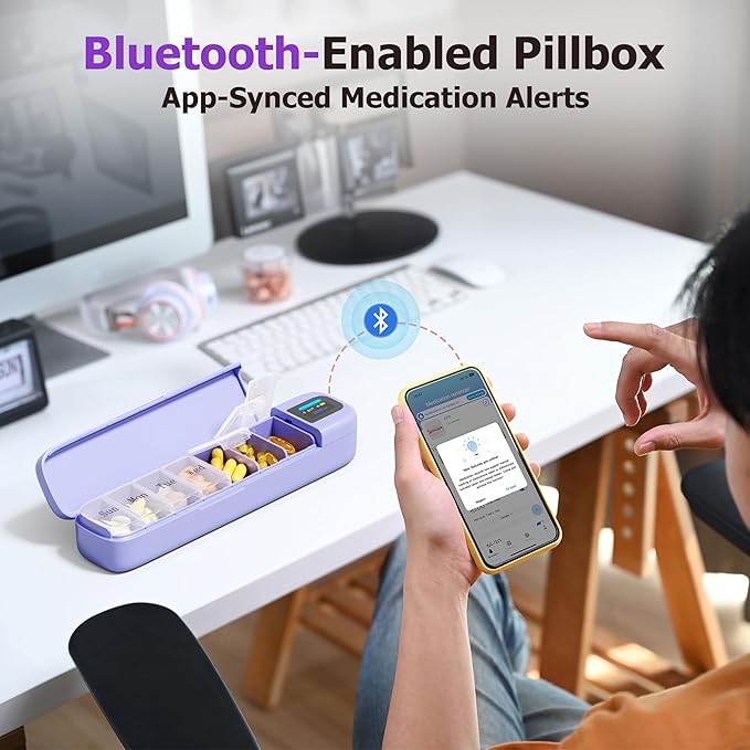 Daviky Smart Pill Organizer with Alarm, Bluetooth Daily Once a Day Pill Box 7 Day with APP, Weekly Travel Pill Case, Portable Pill Reminder for Medicines, Supplements and Vitamins(Purple)