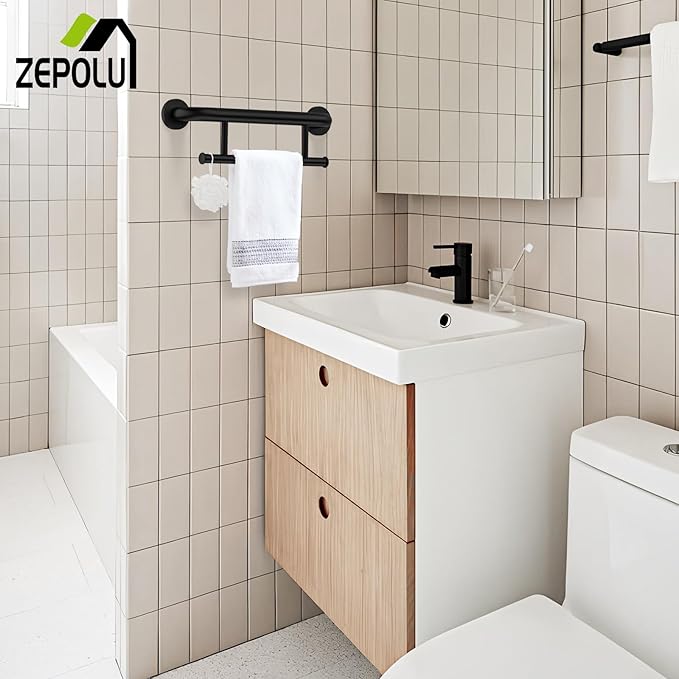 Black Towel Grab Bar 17 Inch, Zepolu Handicap Towel Bar for Bathroom, Stainless Steel Safety Assist Bar Balanced Support Handle, Wall Mounted Towel Rack Grab Bars for Senior Elderly Disabled
