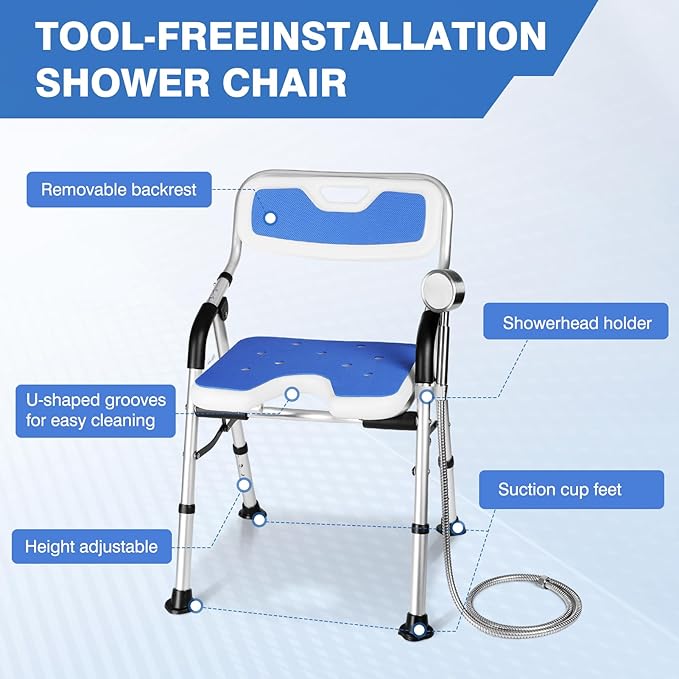 DEWEL Foldable Shower Chair for Elderly and Disabled, Folding Shower Seat with Armrests and Back Height Adjustable, Aluminum Alloy Bath Seat for Inside Shower, 330lbs Capacity (Blue)
