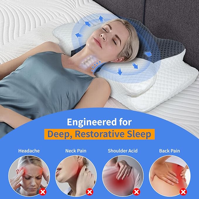 Cervical Neck Pillow for Pain Relief, Hollow Design Memory Foam Bed Pillow for Side & Back Sleepers, Ergonomic Orthopedic Bed Pillow with Adjustable Support (White with Black)