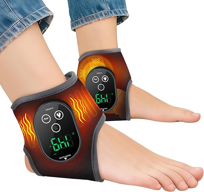 Ankle Massager, Cordless Ankle Heating Pad with Massage, Foot Massager with Heat, 3000mAh Rechargeable, 4 -Level Heats, Foot Heating Pad for Sports/Work/Travel (Black)