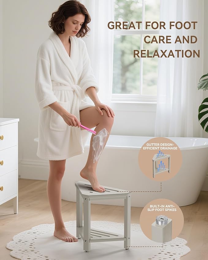 Shower Foot Rest 15in, HDPE Waterproof Shower Stool for Inside Shower, Corner Shower Stool for Shaving Legs with Storage Shelf for Small Space, Shower Step Stool, Plastic Corner Shower Bench, Beige