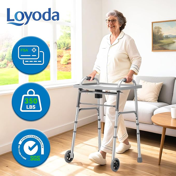 Loyoda Folding Walker with Tray, 5" Wheels Lightweight Walkers for Seniors and Adults, Supports Up to 350 Pounds, Adjustable Height, Compact Standard Walker, Silver
