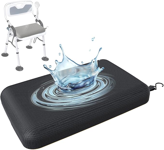 Shower Seat Cushion with Non-Slip Silicone Bottom, Bathtub Cushion for Transfer Benches,Washable 3D Mesh Bathtub Seat Cushion Mat with Hook,Quick Drying Bathtub Chair Pad for Elderly (Black)