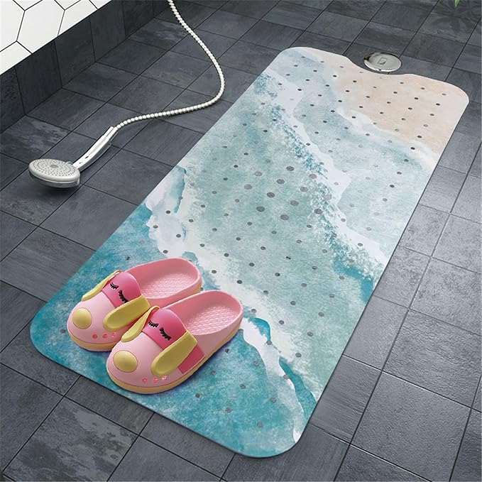 Beach Bathtub Mat Non Slip, Baby Bath Mat for Tub Rubber Tub Mat, Kids Bath Mats for Bathroom Ocean Waves Anti Slip Shower Mat with Suction and Drain Holes Machine Washable, 40″X16″
